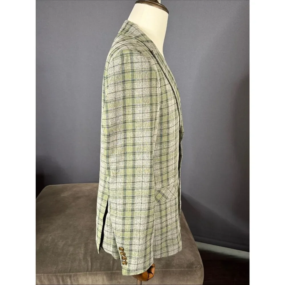 Mens Green Plaid Blazer Two-Button Sport Suit Jacket Coat Peak Lapel Size 40 NWT